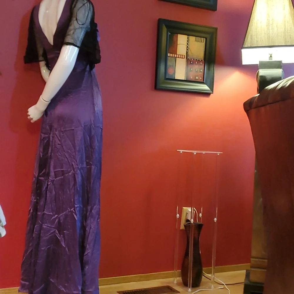 Silk Maxi BIBA Butterfly Beaded Purple Flutter Dress Mid Arm Flutter Sleeves - Picture 2 of 10